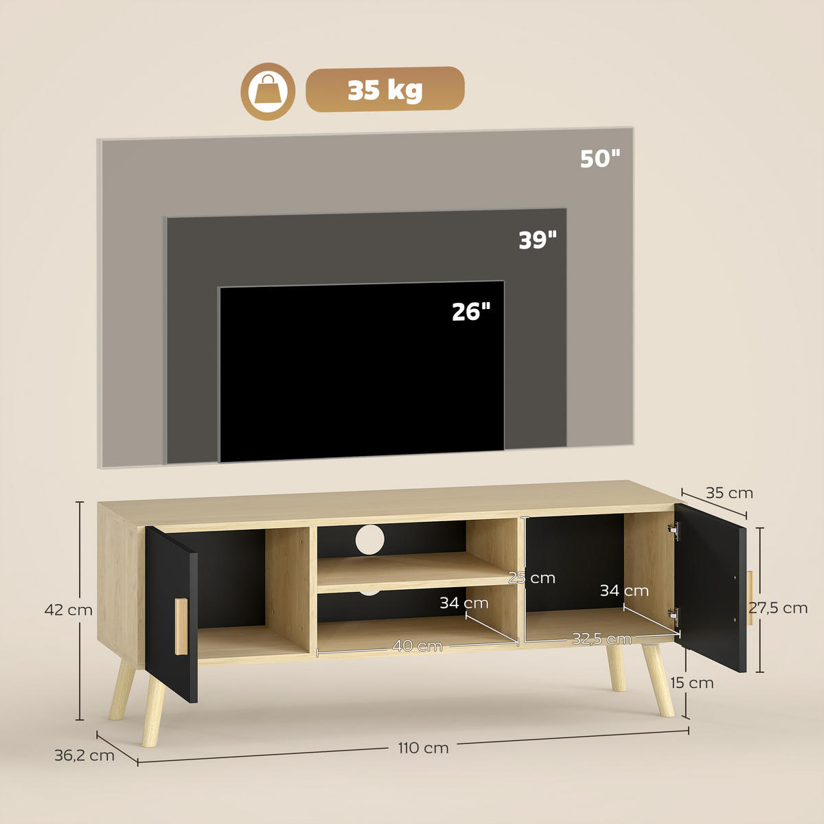 TV-LOWBOARD Eichefarben/Schwarz 110/36,2/42 cm, 2 Türen, Kabelmanagement - Eichefarben, Holzwerkstoff (110/42/36.2cm) - PANGIVO