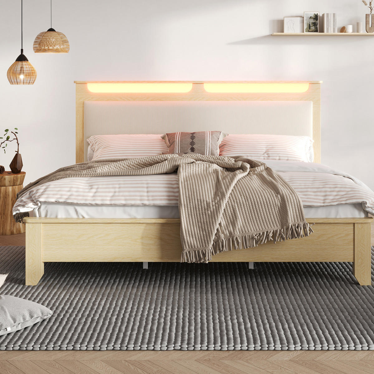 POLSTERBETT aus Holz und Cord 180x200 cm Eichefarben/Beige mit LED-Kopfteil, Stauraum und Lattenrost - Beige, Textil (180/200cm) - Modfu