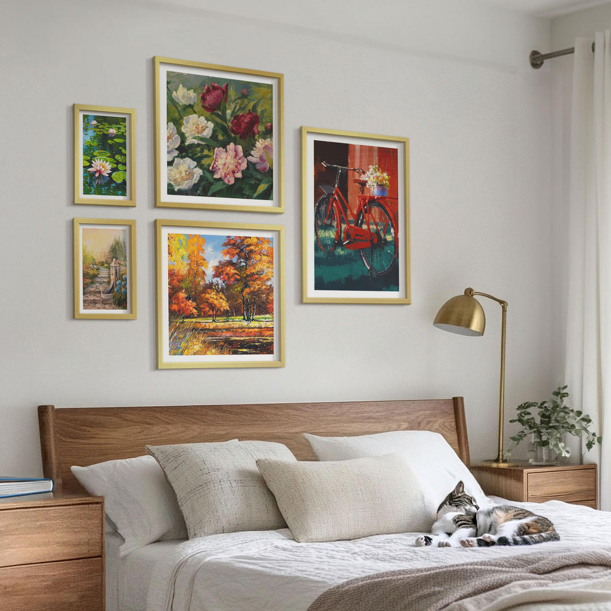 WANDBILDER 5er Set - 50x50 cm & 20x30 cm & 40x60 cm Goldrahmen - Strand Holzsteg Klippen - Goldfarben, Kunststoff (40/60cm) - ArtPrintCave