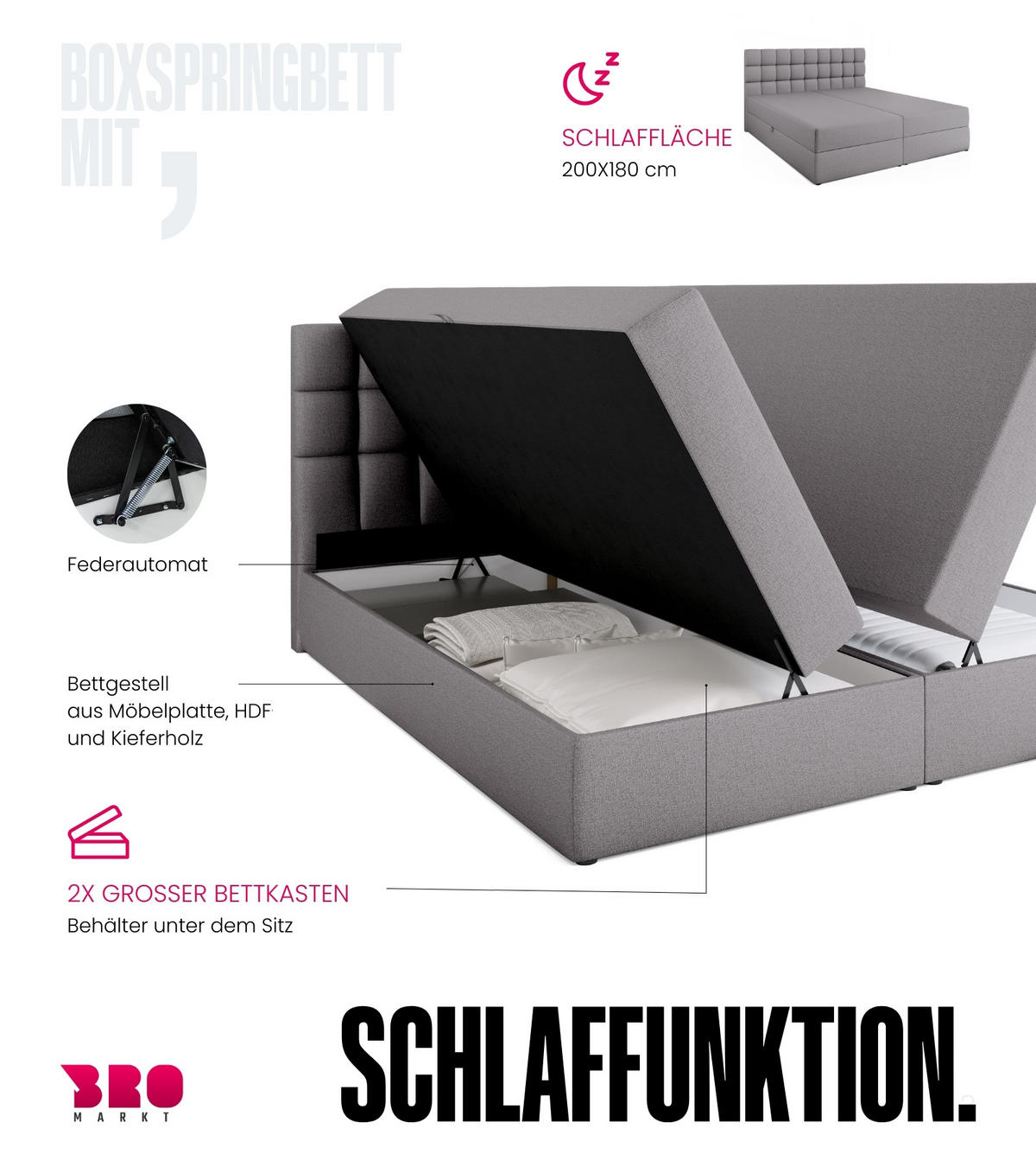 BOXBETT Dakota mit Topper 180/200 Grau - Grau, Textil (180/200cm) - Bromarkt