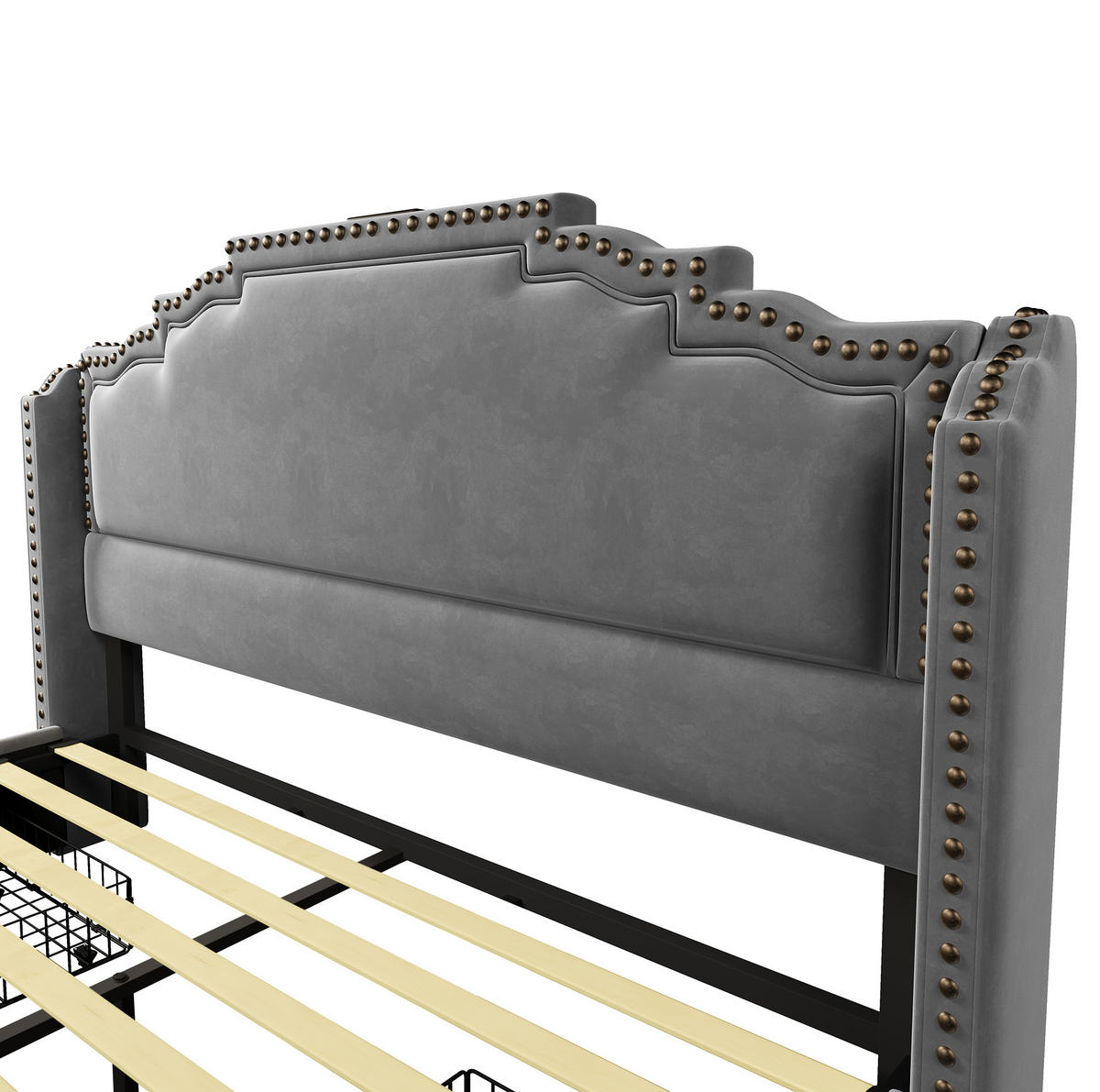 TAPECIRANI krevet od baršuna 140x200 cm sivi s LED rasvjetom, USB i Type-C priključcima te 4 ladice - siva, tekstil (140/200cm) - Modfu