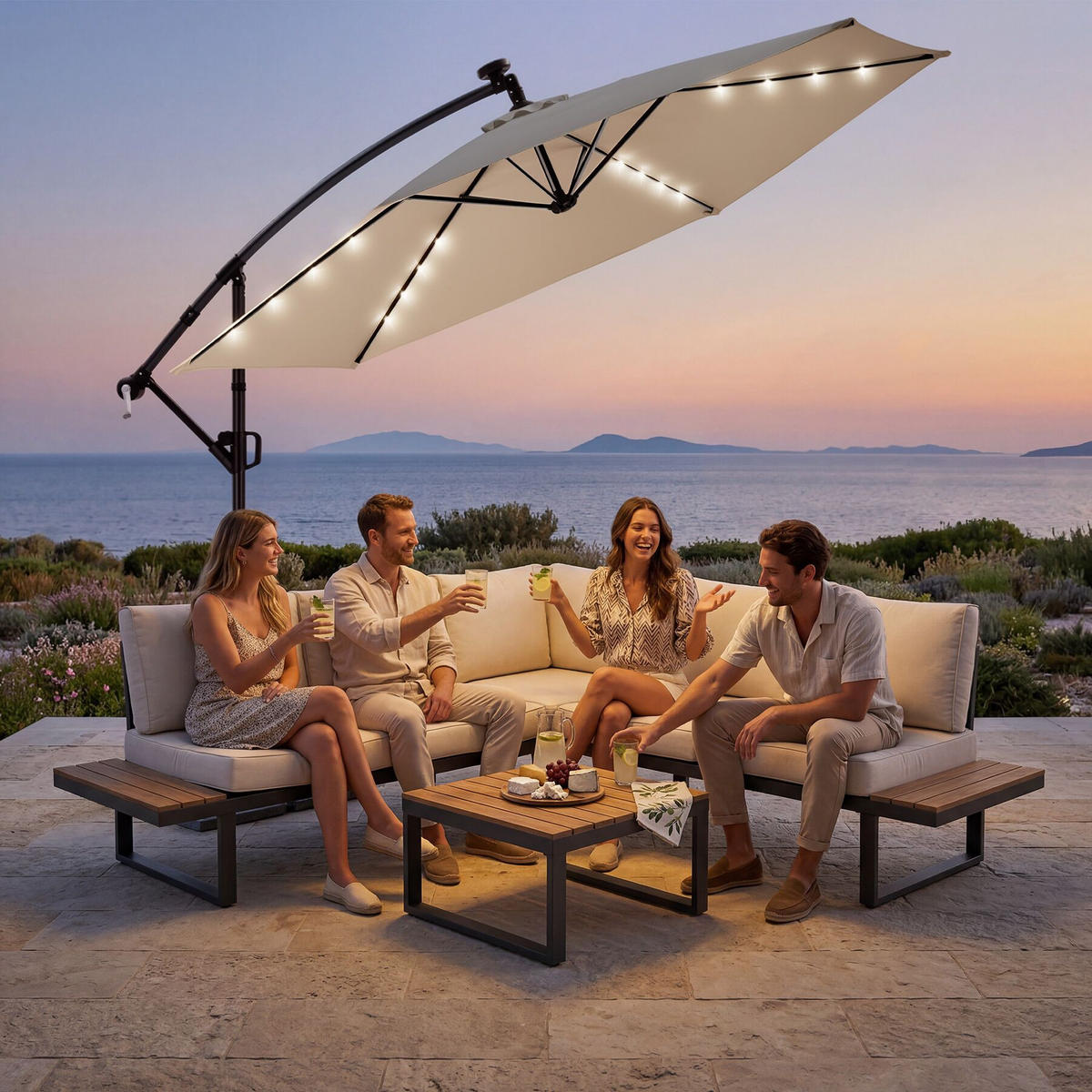 AMPELSCHIRM Artemis, mit LED Solar-Beleuchtung, inkl. Schutzhülle, beige - Beige, Metall (300/300cm) - tectake
