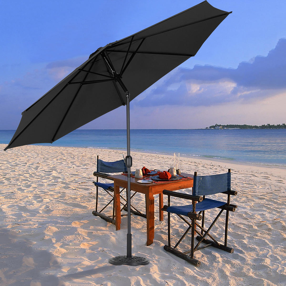 SONNENSCHIRM aus Polyester Metall und Sonnenschirmfuß aus Cement Blumenmuster 360° drehbar neigbar 60° 3 x 2.4m Ø45 × 25 cm - Schwarz, Metall (300/240cm) - Livingandhome