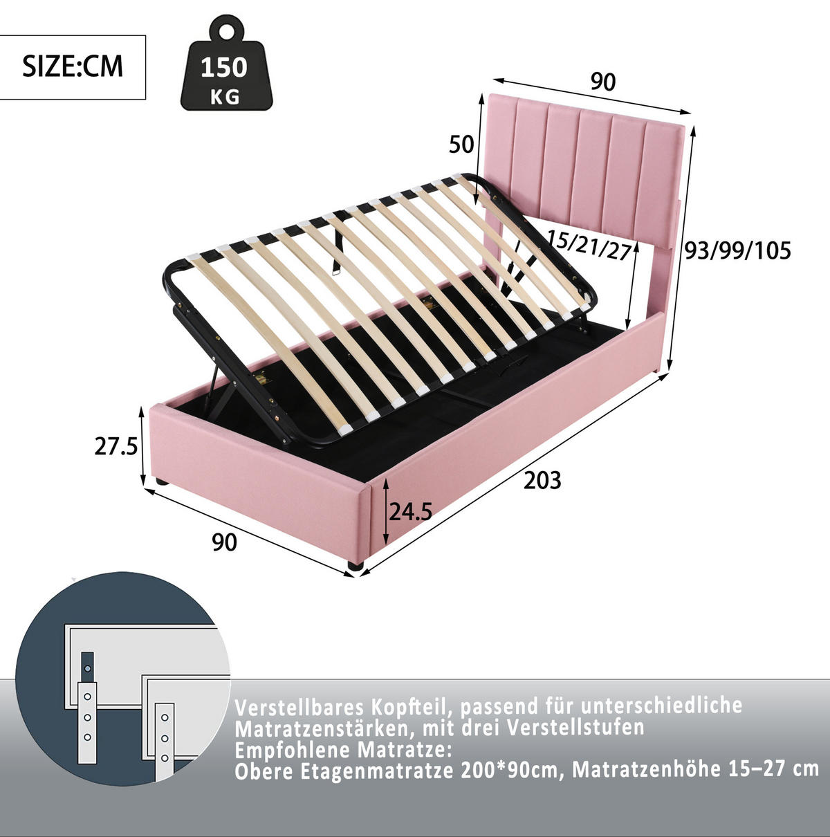 KINDEREINZELBETTEN aus Leinenstoff 90x200 cm in Rosa mit hydraulischem Stauraum - Rosa, Textil (90/200cm) - Modfu