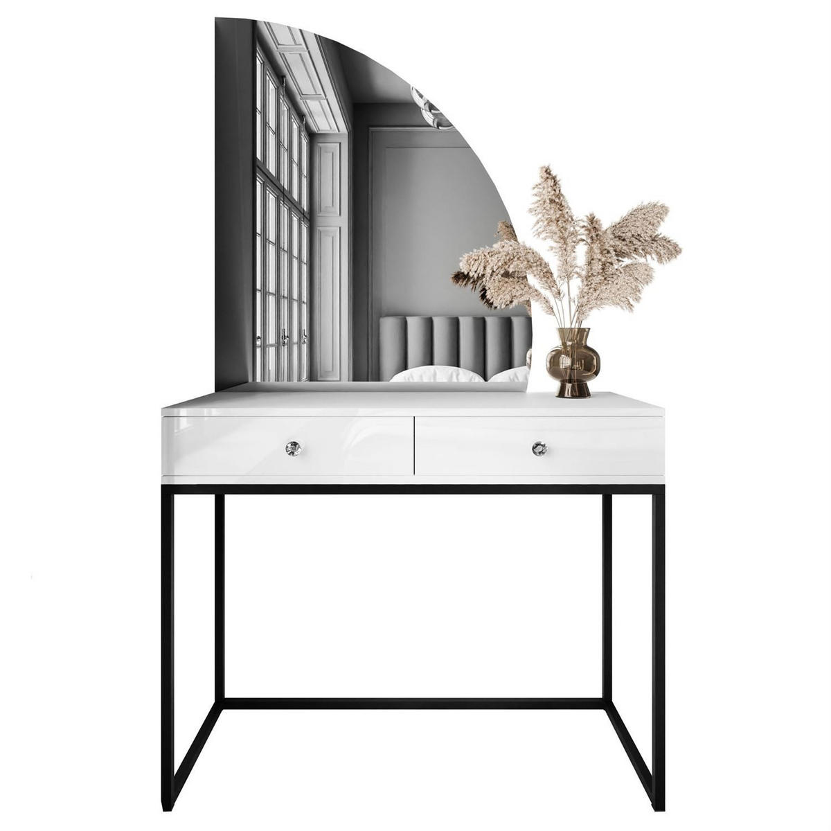 SCHMINKTISCH schwarz/weiß Hochglanz QUINNIE mit LED-Spiegel rechts Griff Kristall - Weiß Hochglanz/Schwarz, Holzwerkstoff (100/176/42cm) - Lookway