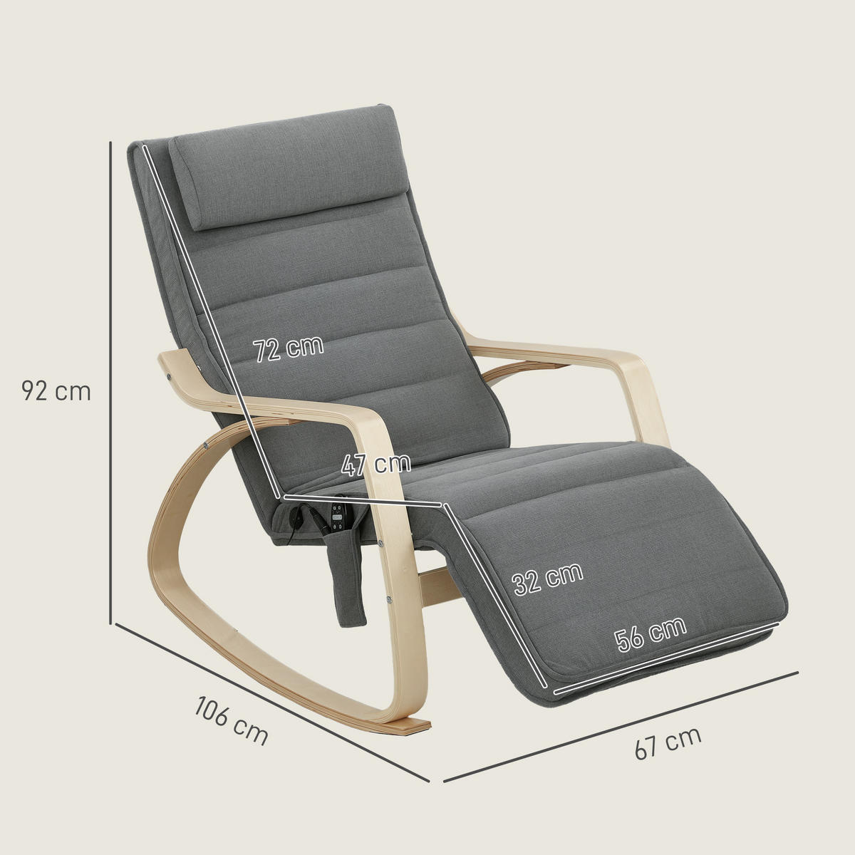 SCHAUKELSTUHL Schaukelsessel mit Massagefunktion, Kopfstütze, Fußstütze, Grau - Naturfarben/Grau, Holz/Textil (67/92/106cm) - HOMCOM