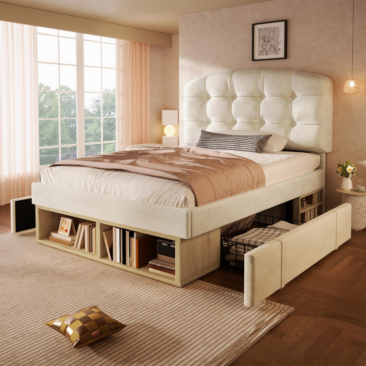 POLSTERBETT 90/200 cm Beige mit 2 Schubladen und Stauraum - Beige, Textil (90/200cm) - Oxeza