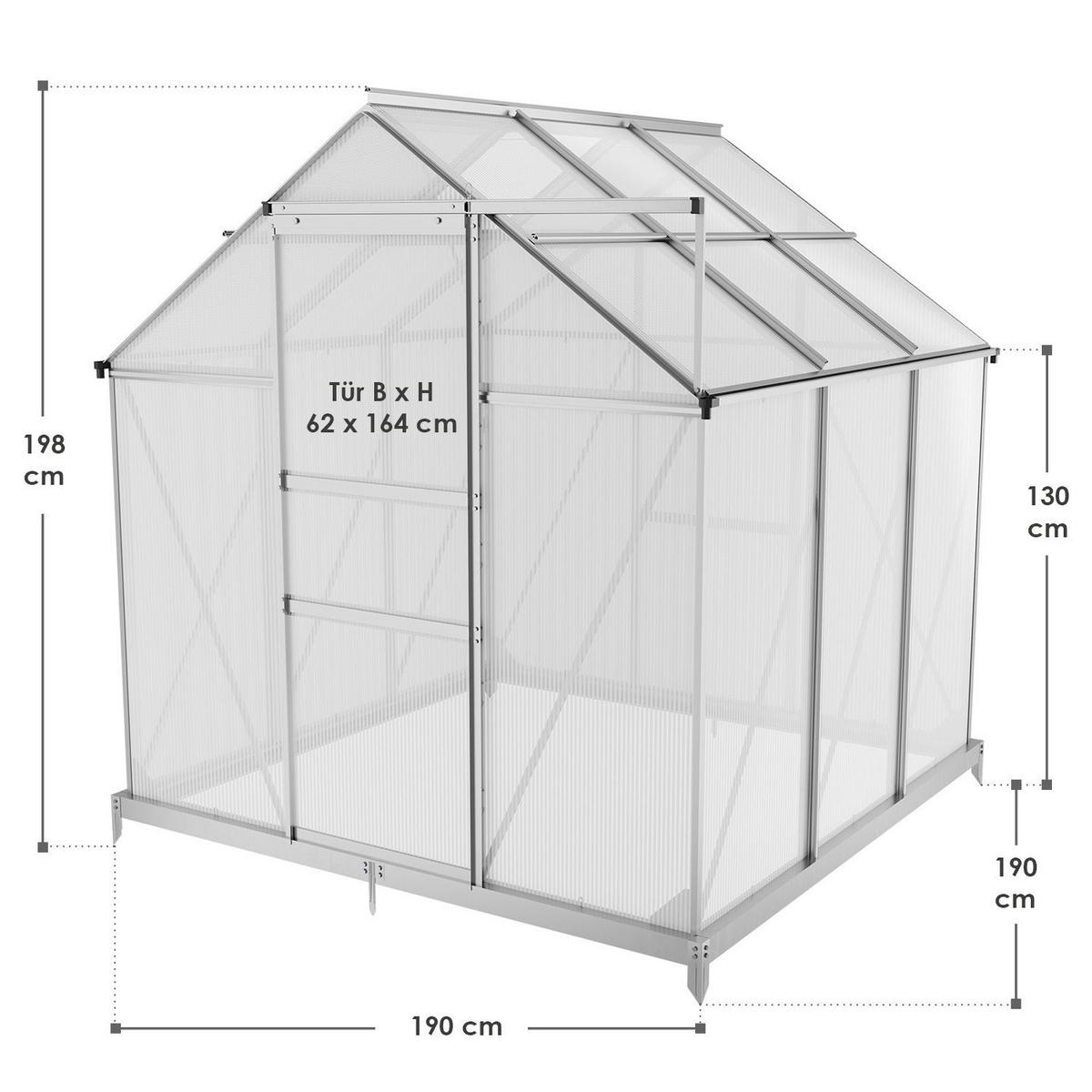 GEWÄCHSHAUS 3,6 m² inkl. Fundament 190x190x198 cm - Silberfarben, Metall (190/198/190cm) - Juskys