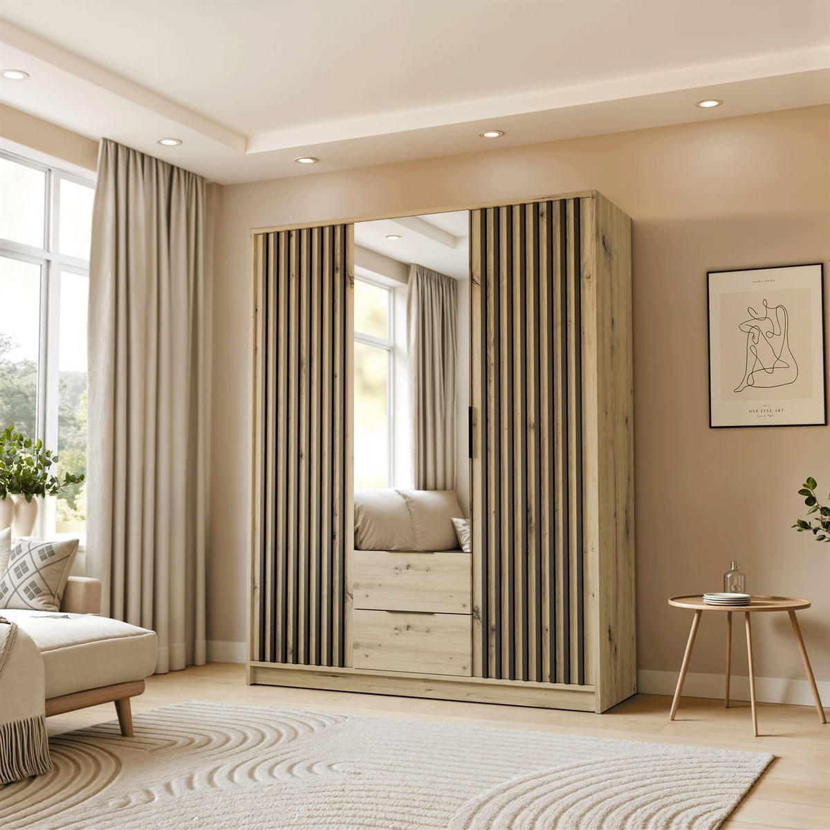 KLEIDERSCHRANK NELA, dreitürig mit Lamellen und Spiegel, 155 cm, Artisan/Schwarz - Eiche Artisan, Holzwerkstoff (155/200/51cm) - Lookway