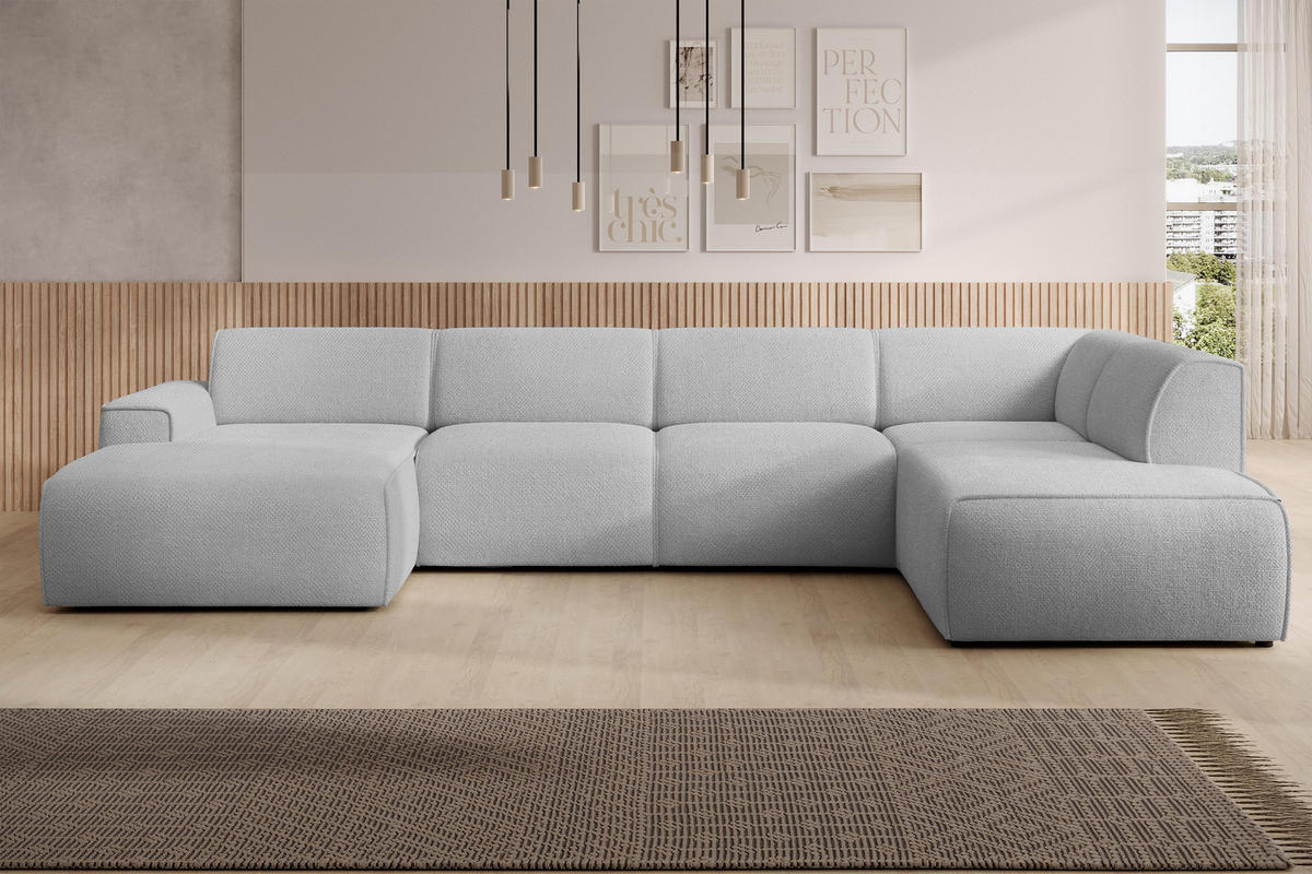 WOHNLANDSCHAFT Didim Hellgrau 378/220/78 cm – großes Sofa stilvoll & bequem R - Hellgrau/Schwarz, Kunststoff/Textil (378/78/220cm) - AX Living