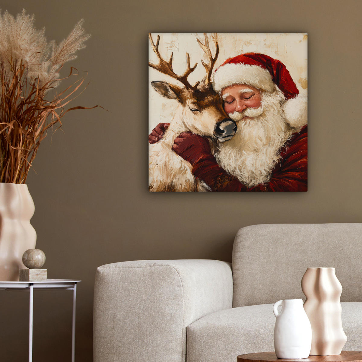 LEINWANDBILD Weihnachtsmann - Rentier - Weihnachten 50x50 cm - Rotbraun, Textil (50/50cm) - MuchoWow
