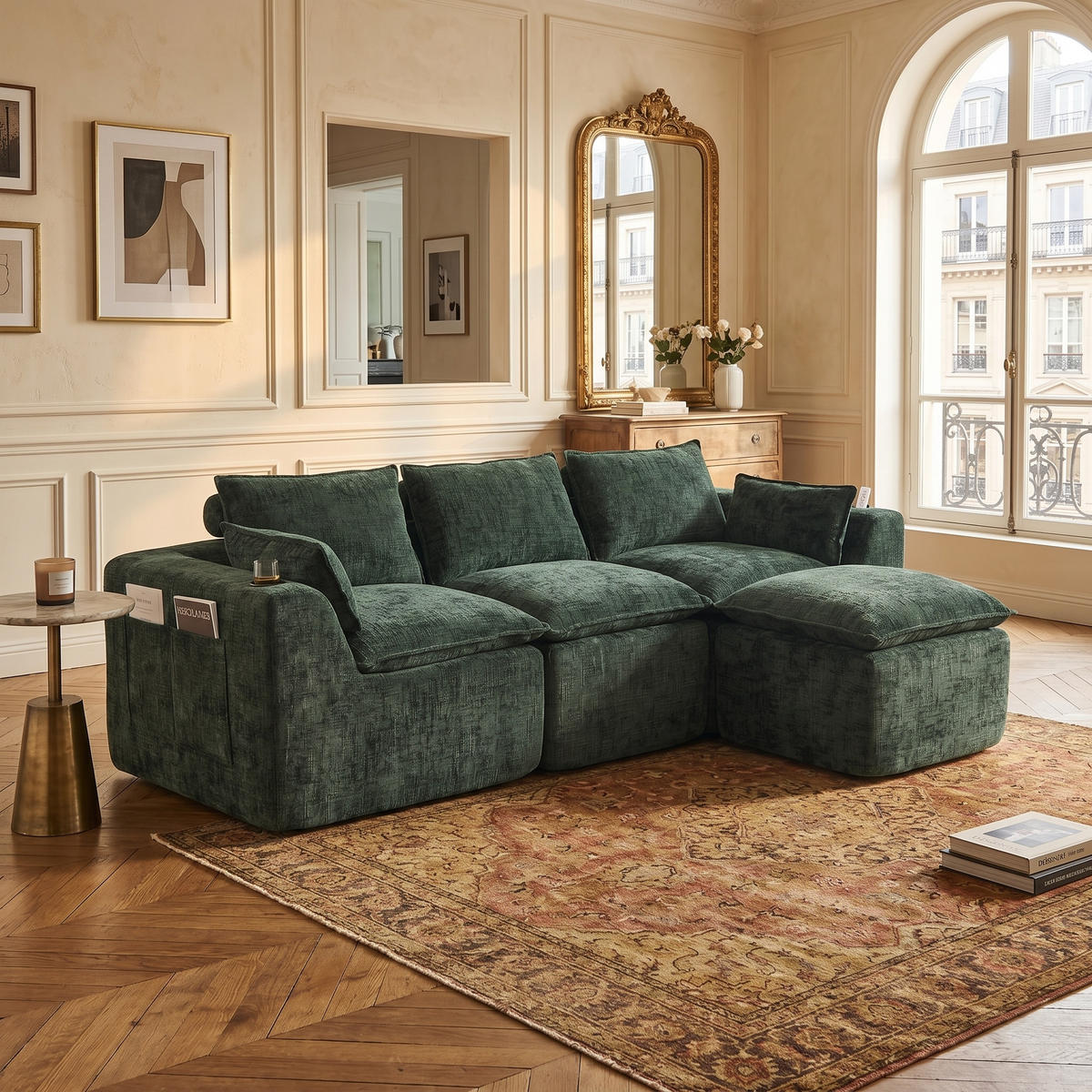 3-SITZER-SOFA aus Chenille, mit Fußhocker und Getränkehalter - Grün, Textil (256/75/161cm) - Urban Meuble