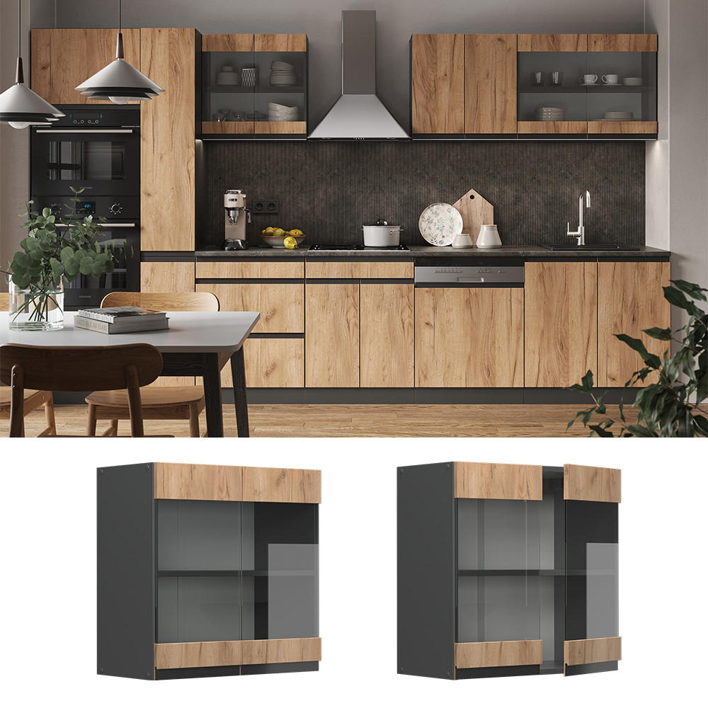 KÜCHENGLASSCHRANK R-Line Goldkraft Eiche 60 cm J-Shape - Anthrazit/Eiche Wotan, Holzwerkstoff (60/60/31cm) - Vicco