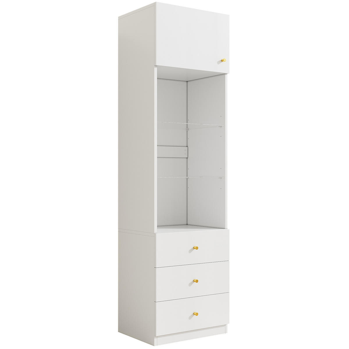 VITRINE Weiß 50×40×180 cm aus Holzwerkstoff mit verstellbaren Glasböden drei Schubladen und offenem Stauraum - Weiß, Holzwerkstoff (50/180/40cm) - Luhomfu