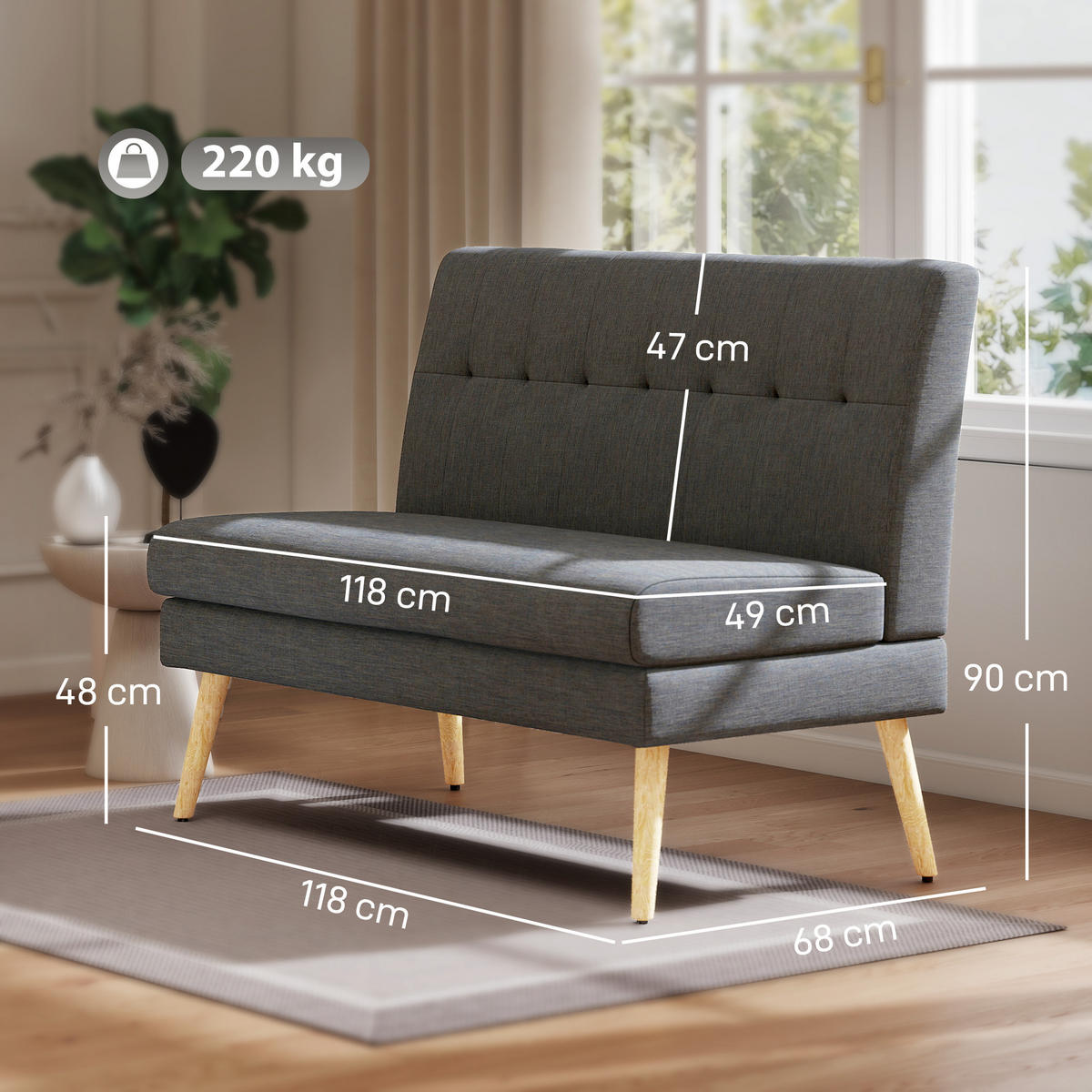 SOFA 2 Sitzer Couch mit Leinenoptik, Getuftete Rückenlehne, Dunkelgrau - Dunkelgrau/Naturfarben, Holz/Textil (68/90/118cm) - HOMCOM