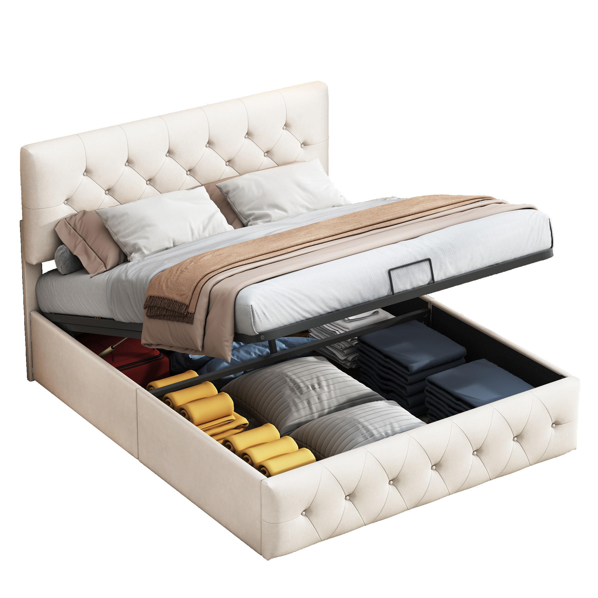 POLSTERBETT 140x200 cm mit hydraulischem Stauraum, höhenverstellbares Kopfteil, Samtstoff in Beige - Beige, Holz (140/200cm) - BRILVERDE