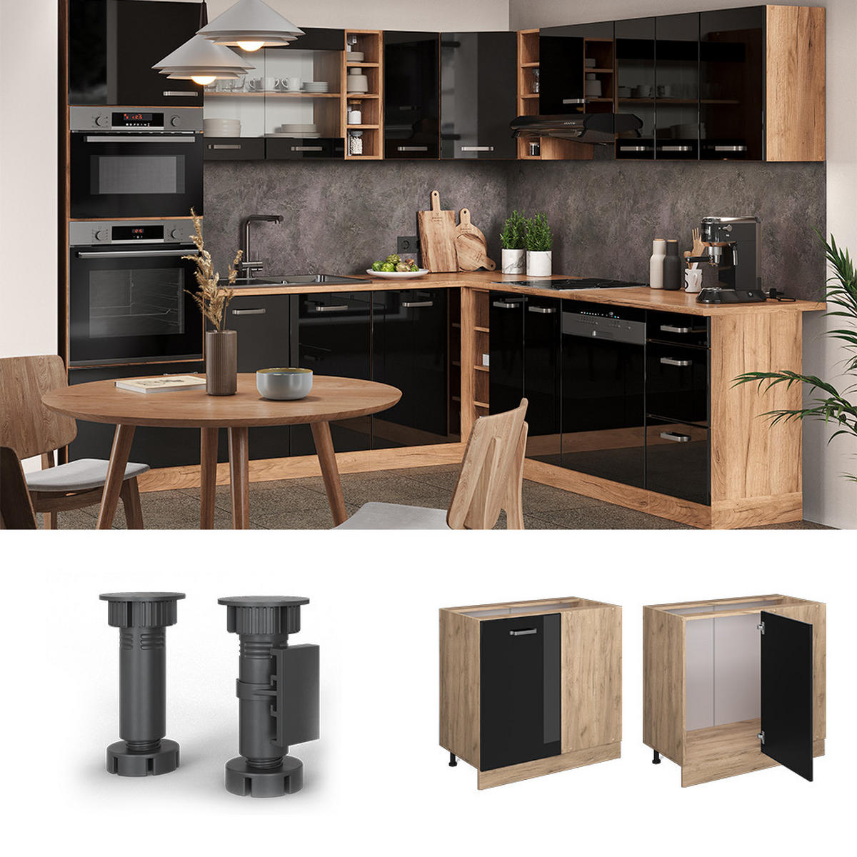 ECKUNTERSCHRANK R-Line Schwarz Hochglanz 86 cm AP Marmor - Schwarz Hochglanz/Eiche Wotan, Holzwerkstoff (86/81.6/60cm) - Vicco
