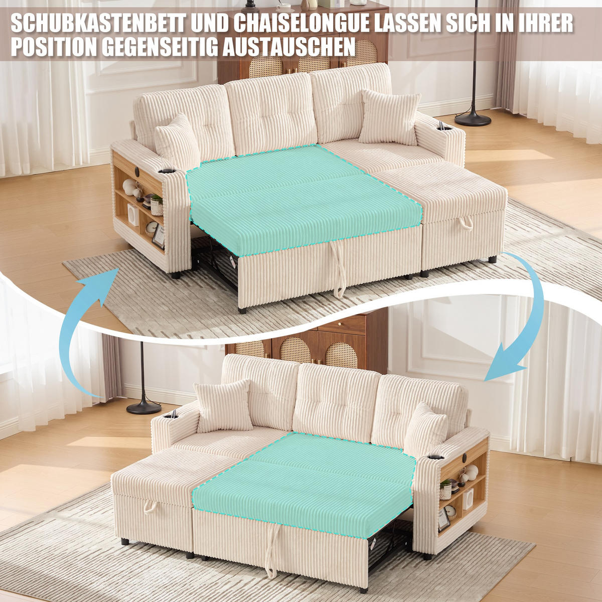SCHLAFSOFA 3-er Sofa mit Schlaffunktion,Aufbewahrungshocker,Cord,Beige - Beige, Textil (196/85/119cm) - LVHOM