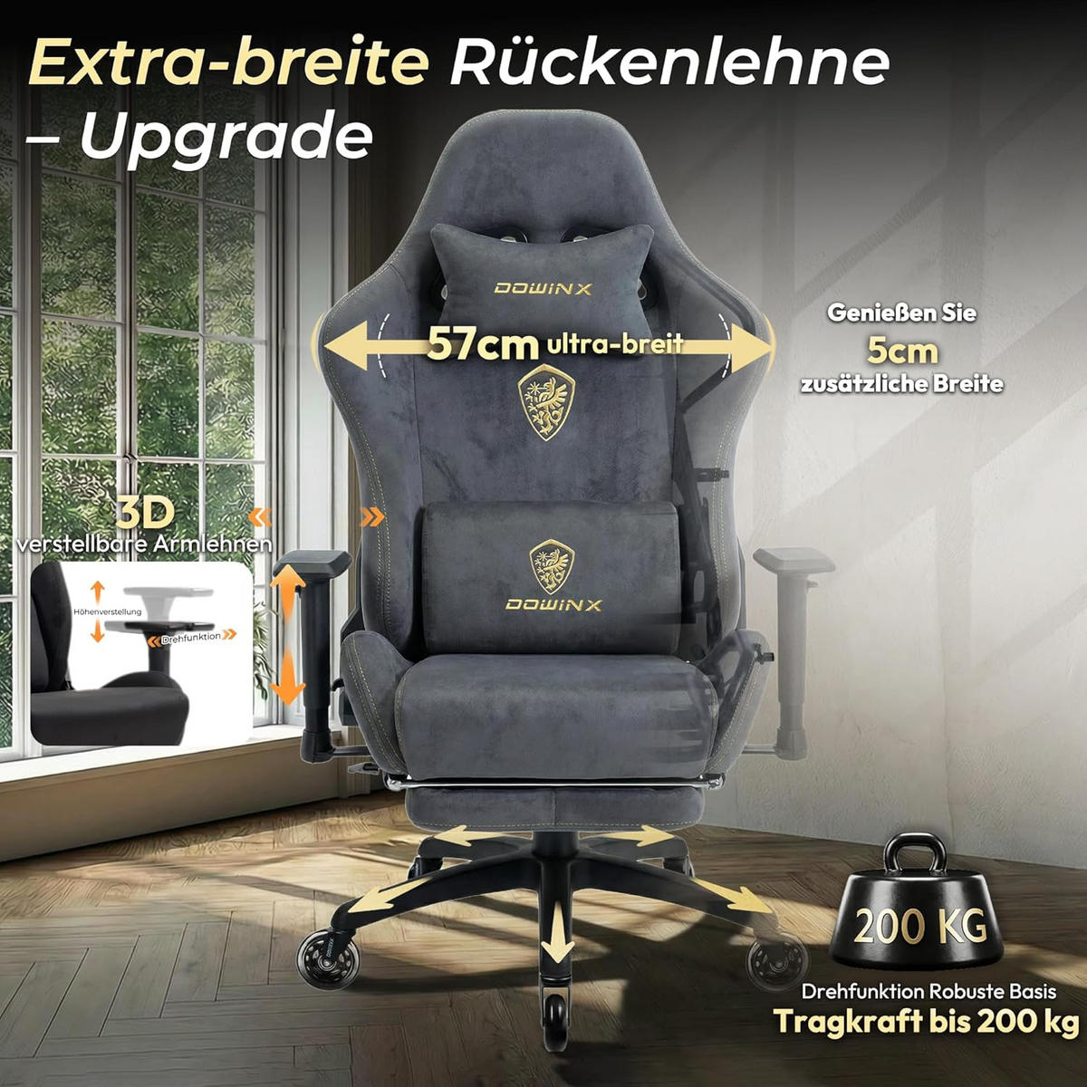 GAMING-STUHL Mikrofaser-Velours Verstellbarer Bürostuhl mit Fußstütze - Grau, Leder (70/128/70cm)