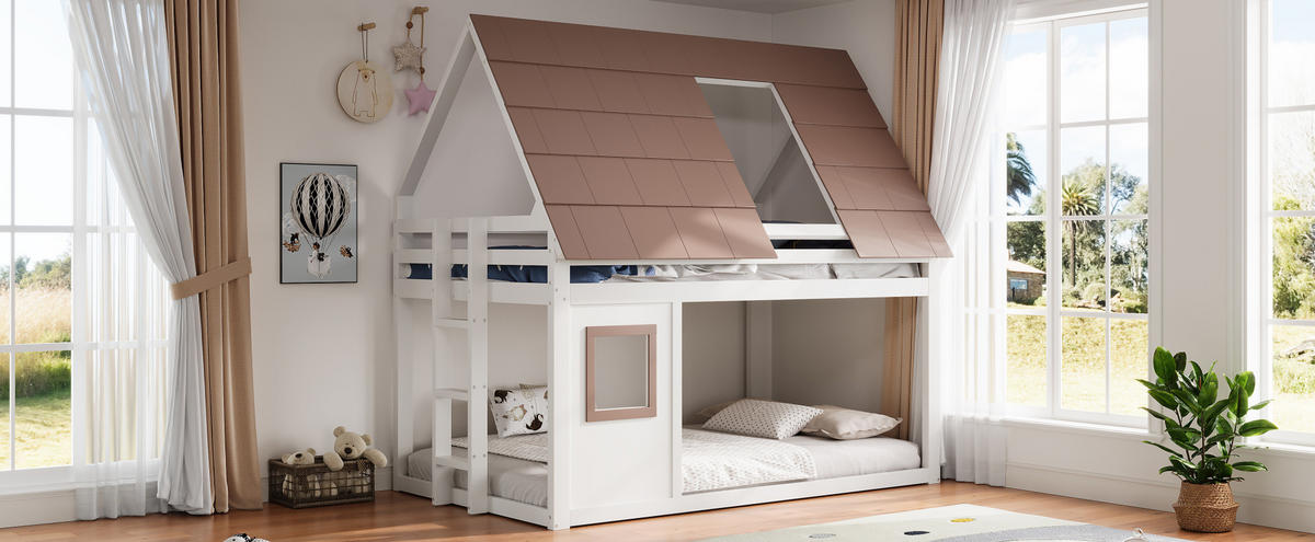 ETAGENBETT 140/200 cm, Braun/Weiß mit Dach und Leiter - Weiß, Holz (140/200cm) - MIVRAY