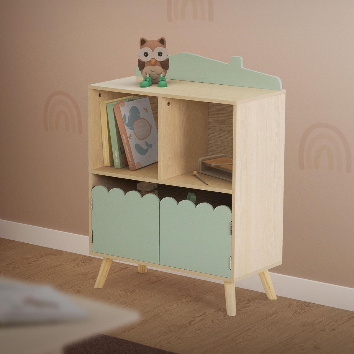 KINDERREGAL Haus-Design, Grün/Natur - Naturfarben, Holz (60/82/30cm) - Joyz