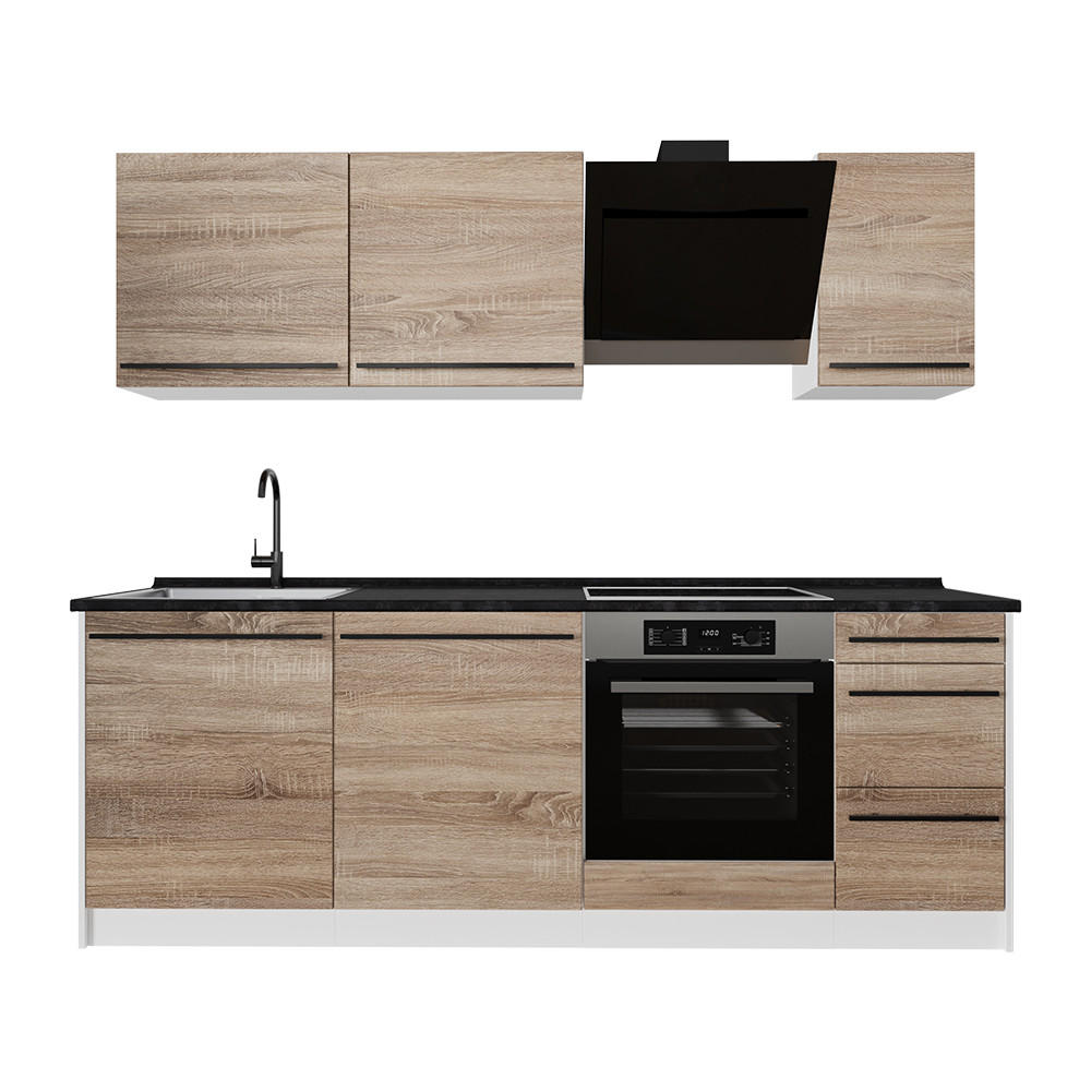 KÜCHENZEILE R-Line, Sonoma/Weiß, 220 cm Arbeitsplatte Anthrazit - Weiß/Sonoma Eiche, Holzwerkstoff (220/81.6/60cm) - Vicco