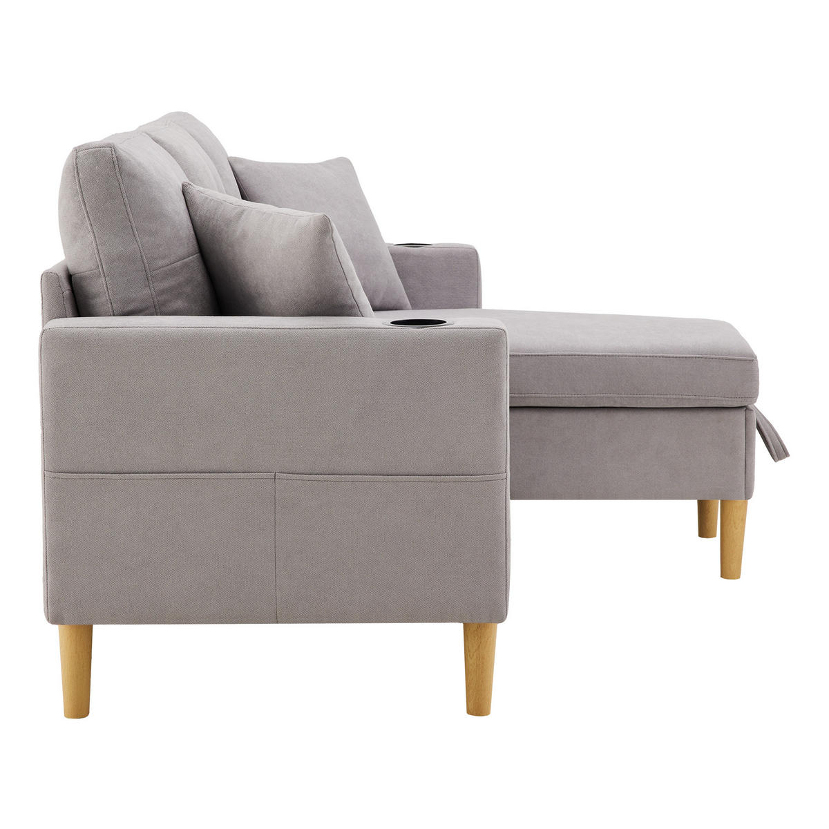 ECKSOFA Baumwolle-Leinen mit Stauraum und Getränkehaltern 175/129/90 cm Hellgrau mit 2 Kissen - Hellgrau, Textil (175/129cm) - Redom