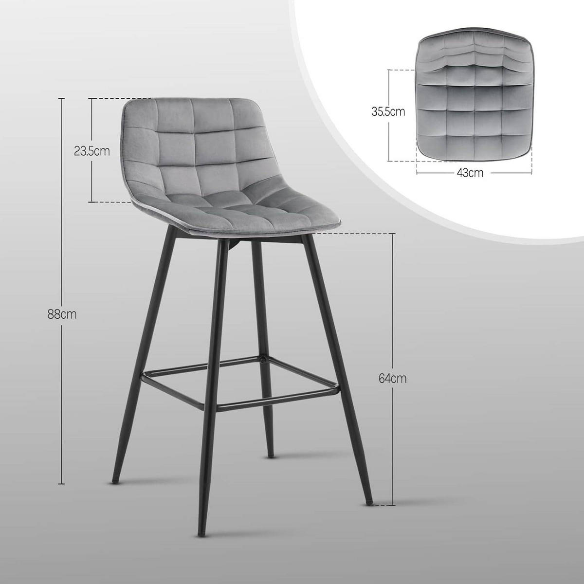 BARHOCKER 4er Set, Fußstütze, Samt, Hellgrau - Hellgrau/Schwarz, Textil/Metall (43/88/35.5cm) - Woltu