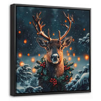 LEINWAND Bilder mit Rahmen - Hirsch - Weihnachten - Winter - Schnee - Weihnachtskranz - 20x20 - Dunkelbraun, Textil (20/20cm) - MuchoWow