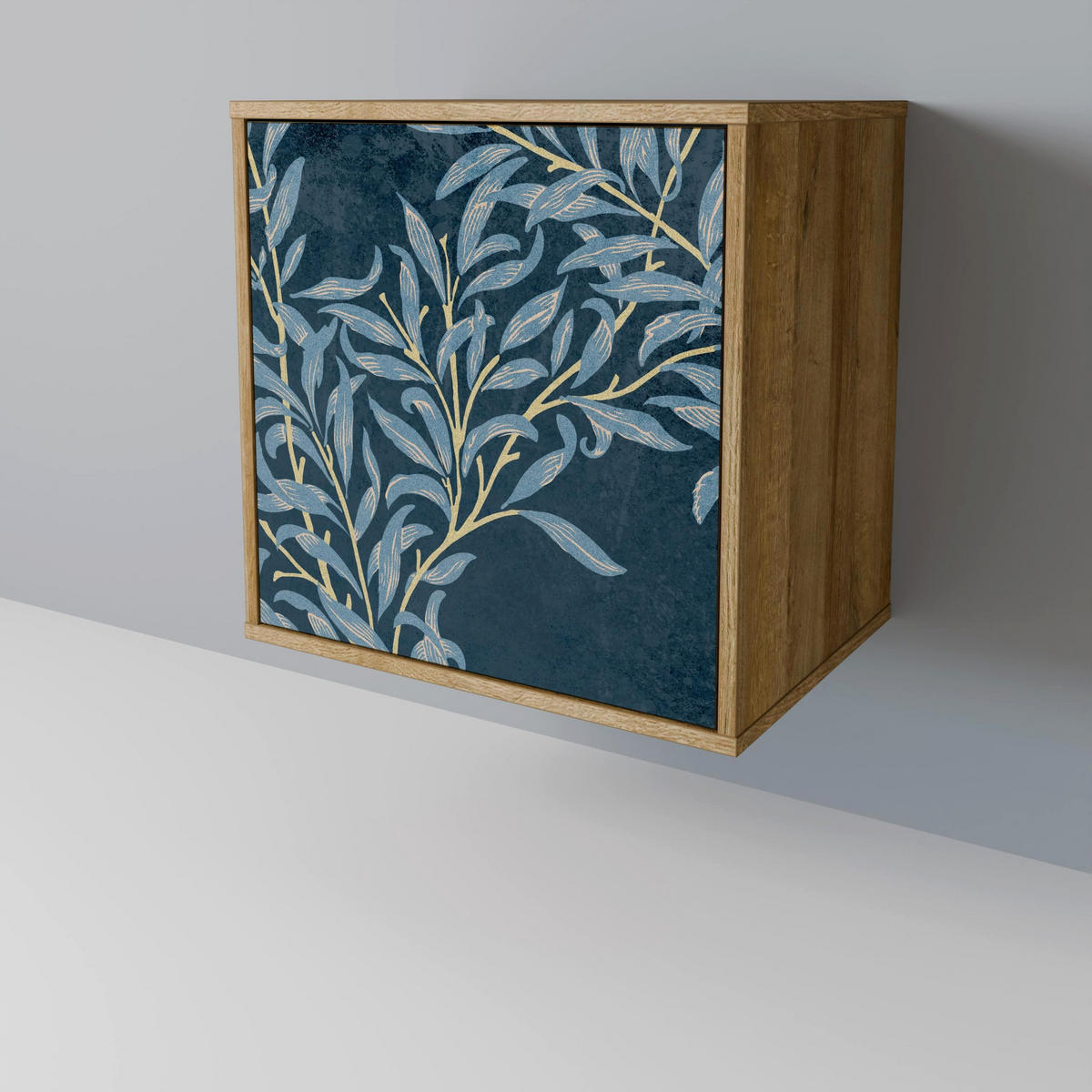 SIDEBOARD BLUE LEAVES, Eichefarben, 57,5x42x67,5 cm, Schwarze Metall-Rahmenfüße - Eichefarben/Multicolor, Holzwerkstoff/Metall (57.5/67.5/42cm) - SpaceRebels