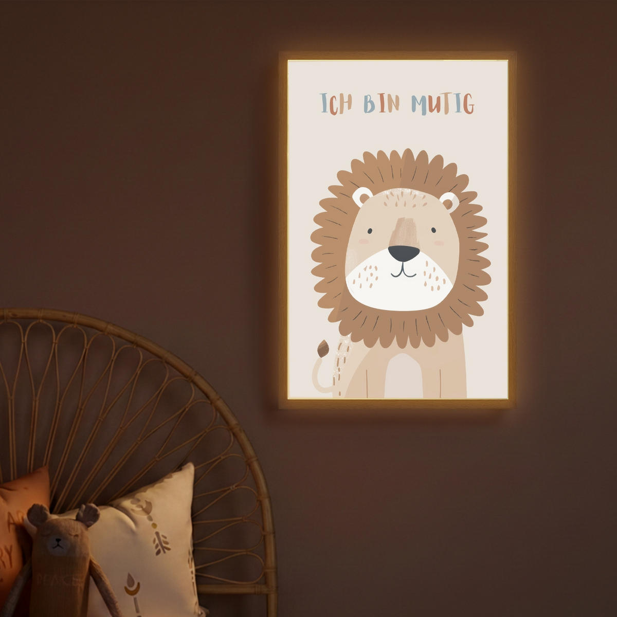 NACHTTISCHLAMPE MIT AKKU Löwe - Beige - Tier - Mutig - Zitat 40x60 cm - Beige, Holzwerkstoff (8/40/60cm) - OnlyWow