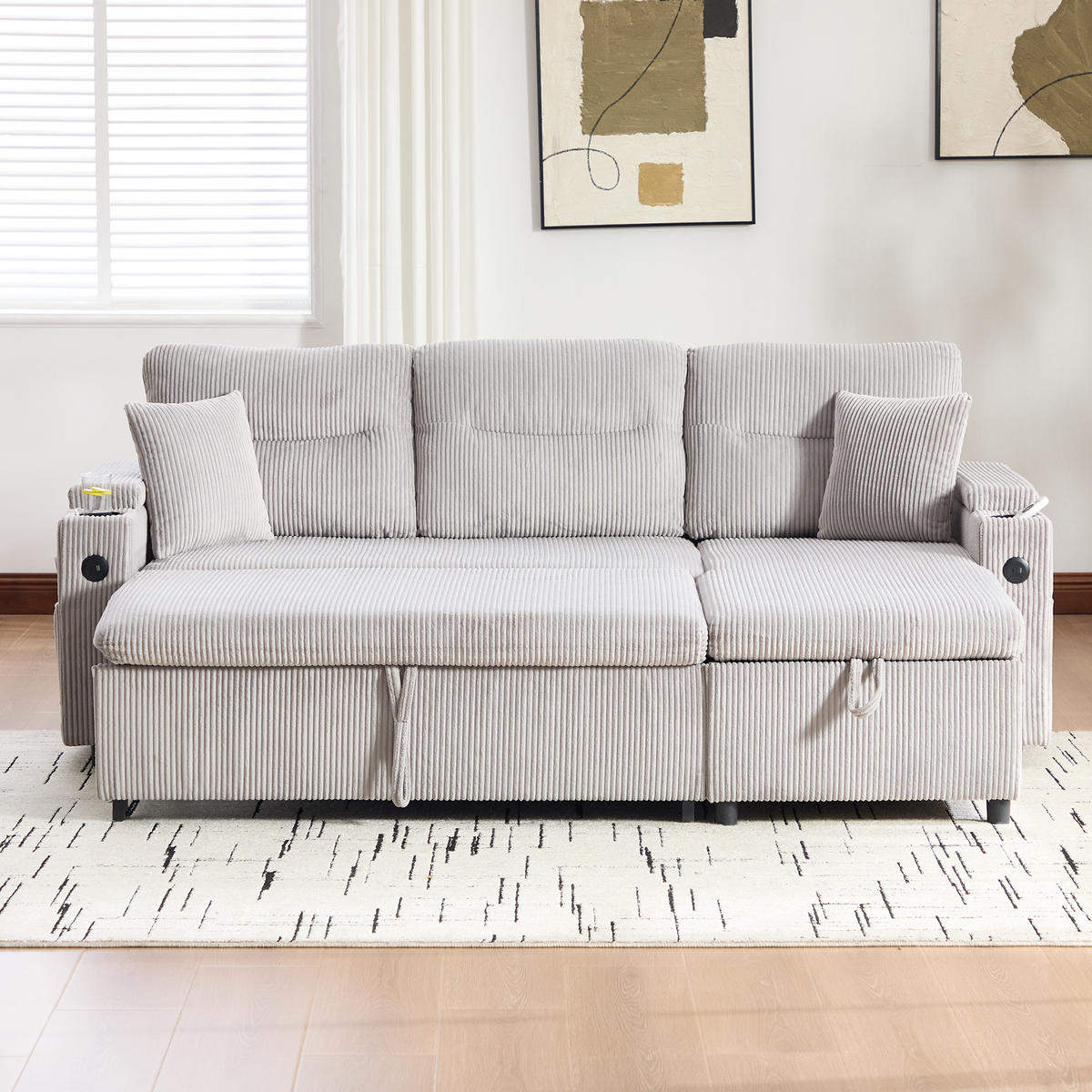 ECKSCHLAFSOFA 3-Sitzer Cord mit Schubladenbett und USB-Anschluss Hellgrau 212,5/136/86 cm - Hellgrau, Textil (136/212.5cm) - Redom