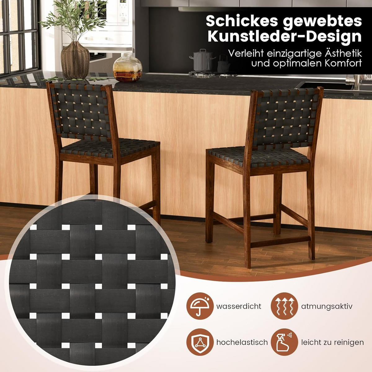 BARHOCKER mit Rückenlehne Braun(2er-Set) - Braun, Holz (59/101/52cm) - COSTWAY