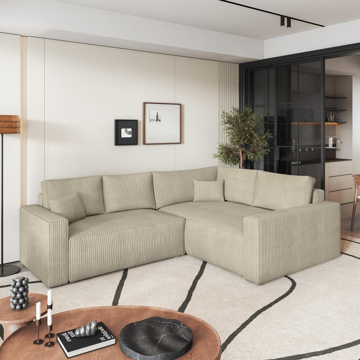 ECKSOFA ERONIS R-S Creme Kordstoff mit Schlaffunktion - Creme, Holz (265/194cm) - MASSENO