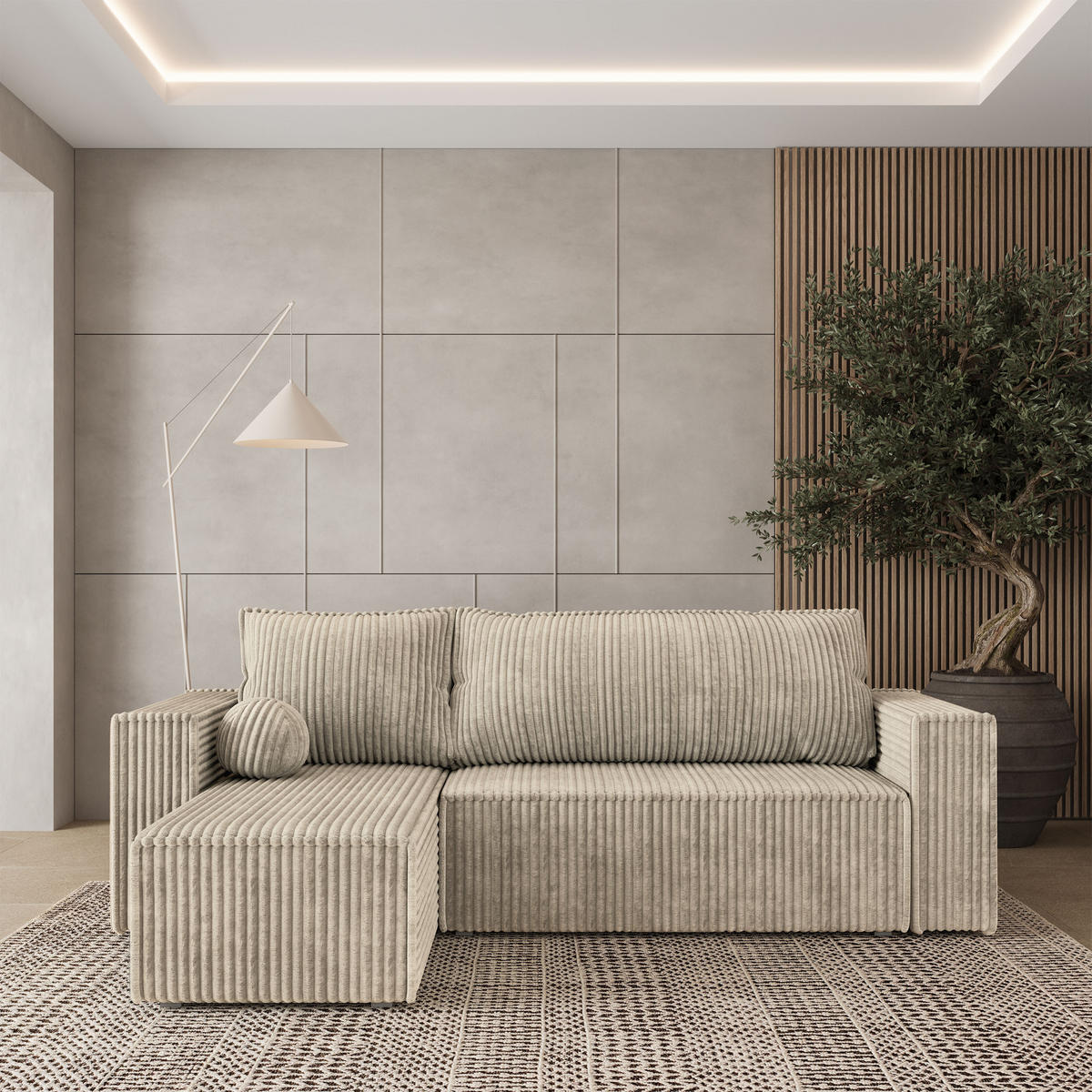 ECKSOFA RAVELO T Creme Kordstoff mit Schlaffunktion - Creme/Grau, Holz/Kunststoff (240/140cm) - MASSENO