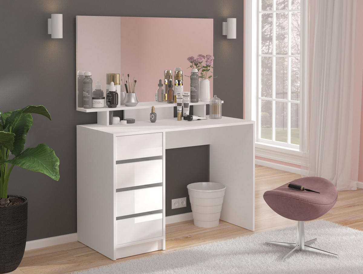 SCHMINKTISCH weiß Hochglanz 110 cm, Kosmetiktisch mit Schubladen und Spiegel - Weiß, Holzwerkstoff (110/145/48cm) - Inn.Furn