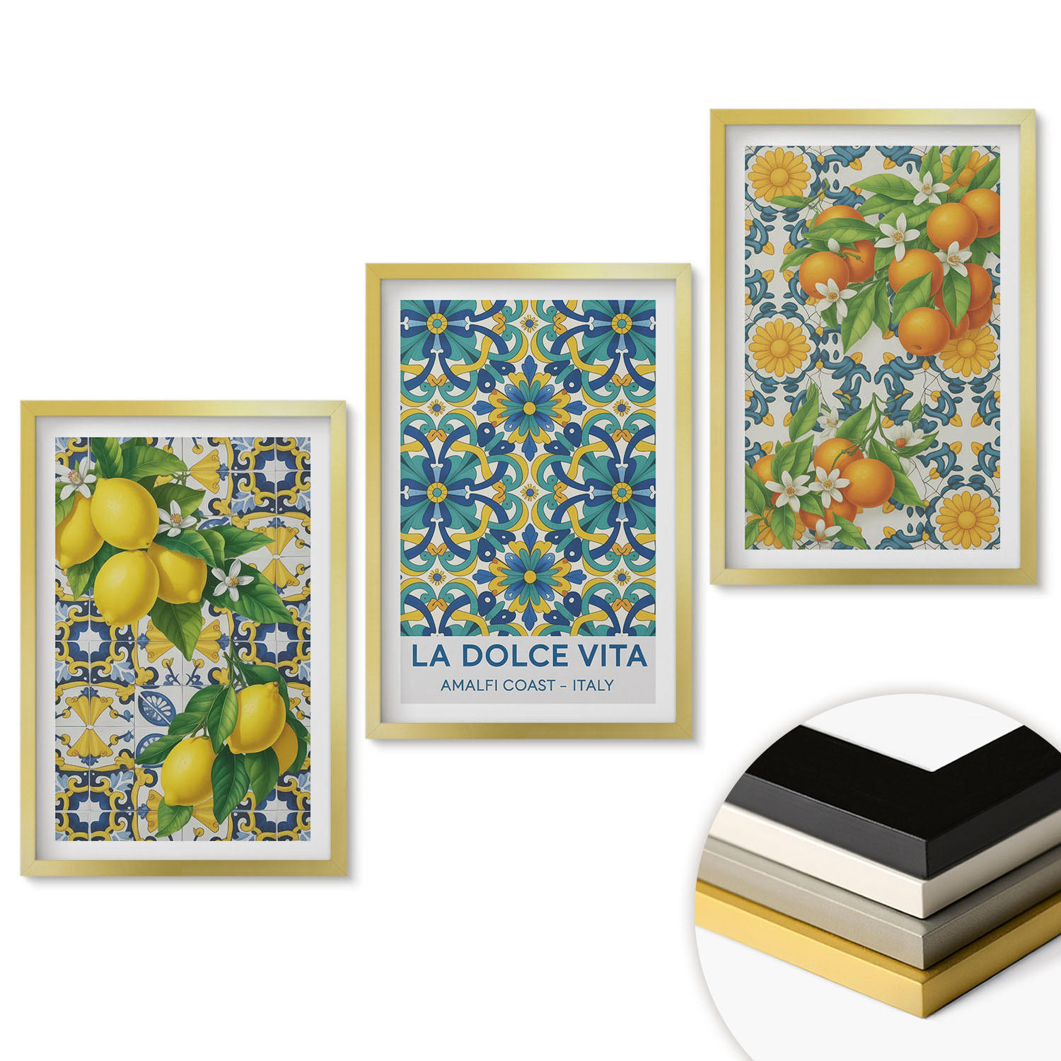 WANDBILDER 3er Set - 40x60 cm Goldrahmen - Zitronen, Orangen, Blumen, Italien - Goldfarben, Kunststoff (40/60cm) - ArtPrintCave