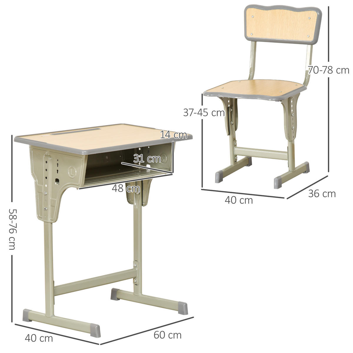 SCHREIBTISCH-SET DE-17502 Olivgrün/Hellholz - Naturfarben, Holzwerkstoff (60/76/40cm) - ComfortXL