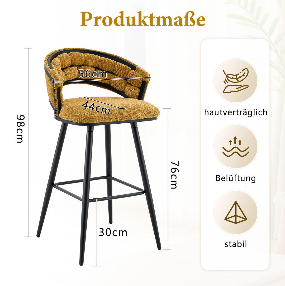 BARHOCKER Gelb mit Samtbezug und schwarzem Metallgestell - Gelb, Metall (50.5/98.5/56cm) - MIVRAY