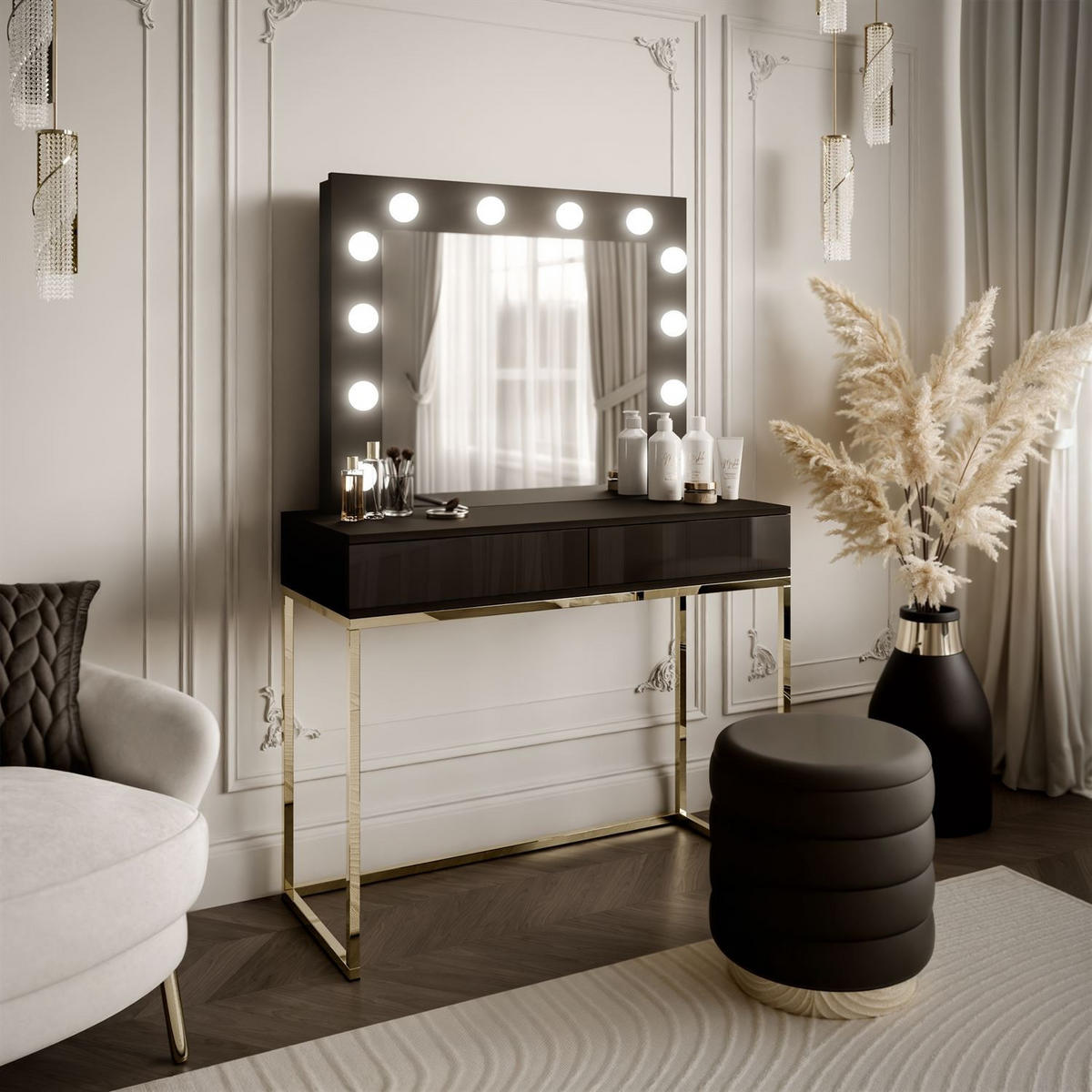 SCHMINKTISCH BLANCO mit Spiegel und Beleuchtung Gold Chrom Schwarz Hochglanz PUSH OPEN - Schwarz Hochglanz/Goldfarben, Holzwerkstoff (100/146/42cm) - Lookway