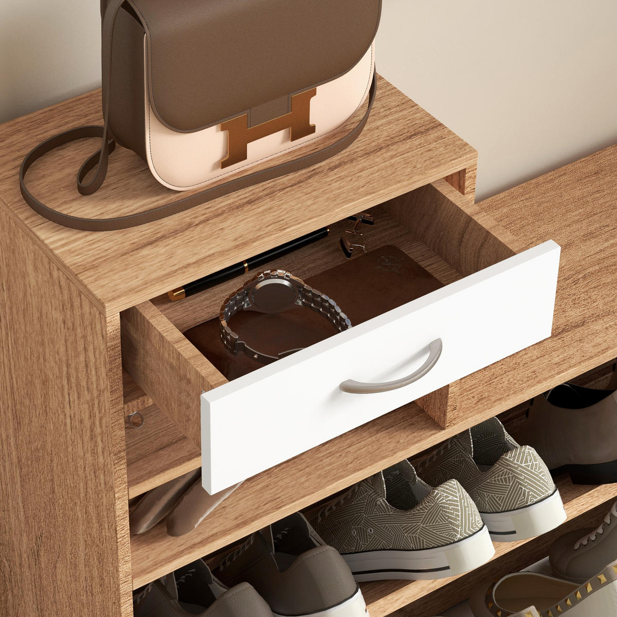 GARDEROBE DE-16812 3-in-1 mit Spiegel, 6 Haken & Schuhbank - Walnussfarben, Holzwerkstoff (10/102/90cm) - ComfortXL