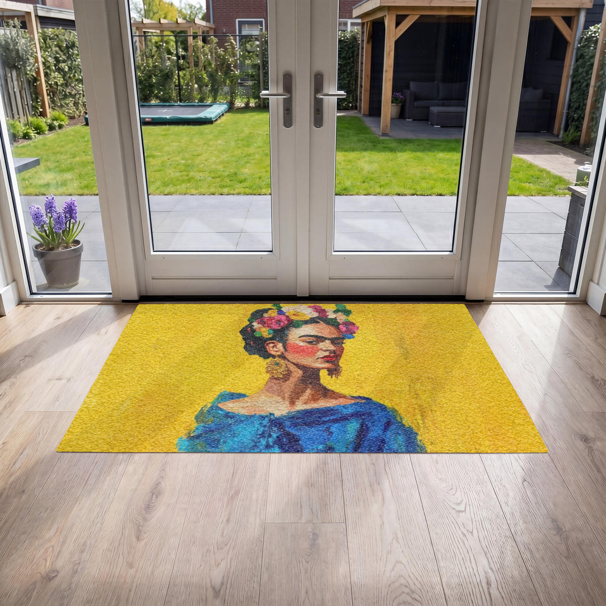 FUSSMATTE Frida Kahlo - Frau - Gelb - Blau - Blumen Schmutzfangmatte 150x90 cm - Gelb, Kunststoff (150/90cm) - MuchoWow