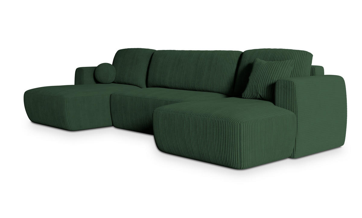 WOHNLANDSCHAFT SENTUM P Grün Kordstoff mit Schlaffunktion - Grün, Holz (330/90/148cm) - MASSENO