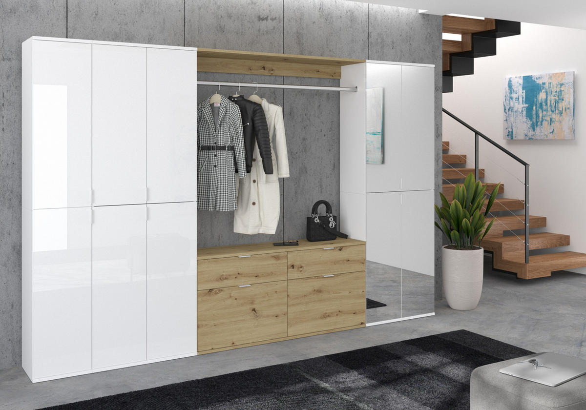 GARDEROBENSCHRANK weiß Hochglanz, Eiche 273 cm, Komplettset mit Spiegel - Weiß Hochglanz/Eiche Artisan, Holzwerkstoff/Metall (273/193/34cm) - Inn.Furn
