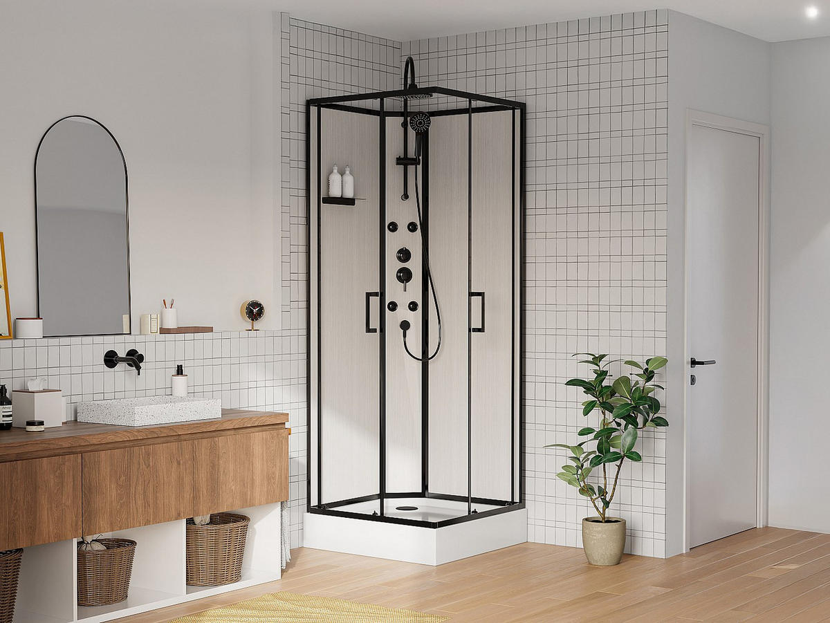 DUSCHKABINE - 80cm x 80cm - Bambus - schwarz, weiß - ARDALI - Schwarz, Glas (80/80/200cm) - Vente-Unique