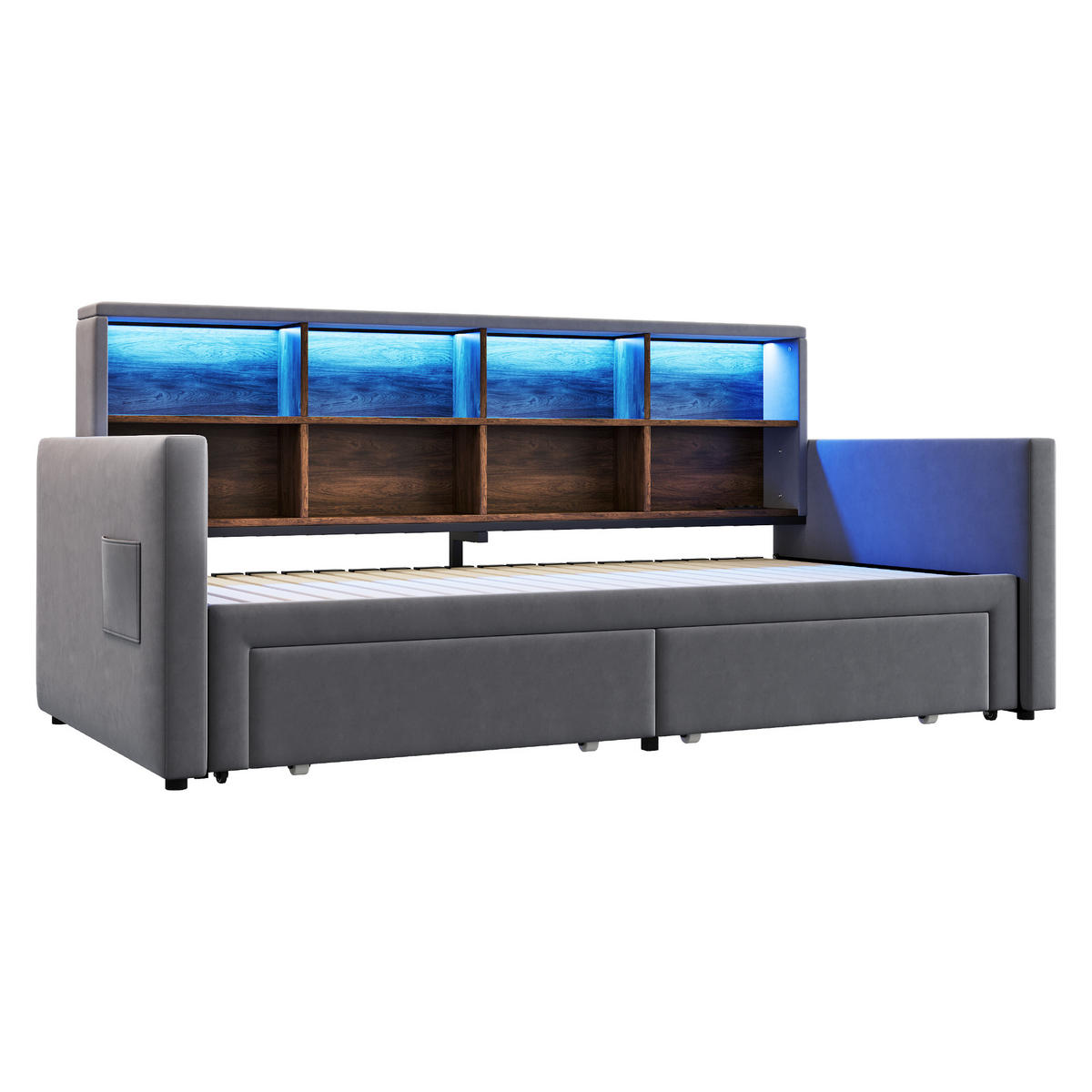 AUSZIEHBETT 90/180/190 cm DE-02121, in Dunkelgrau, mit LED, Staufächern und 2 Schubladen - Dunkelgrau, Metall (90/190cm) - ComfortXL