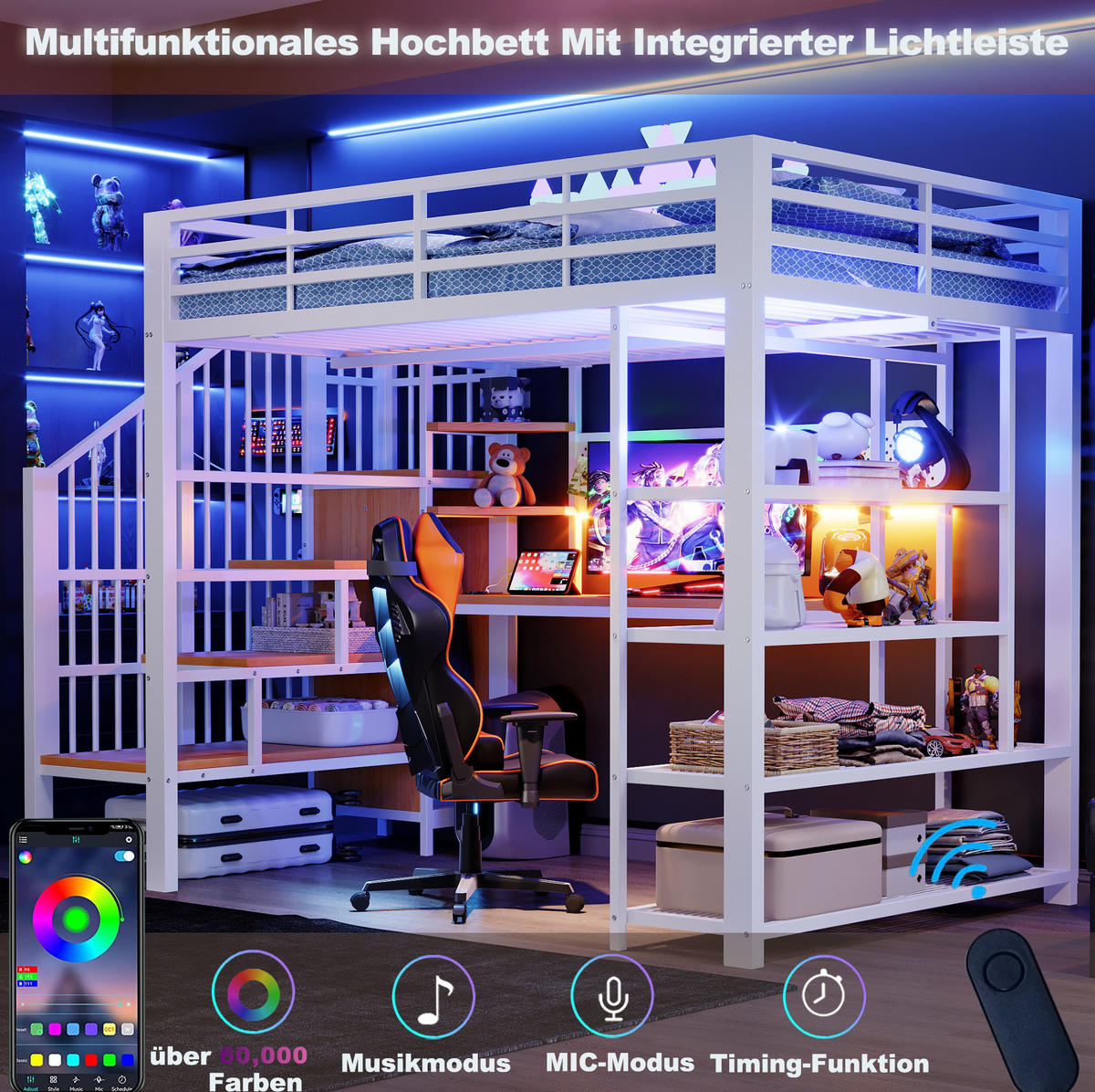 HOCHBETT 140/200 cm aus Metall und Holz mit Schreibtisch, LED und Treppe Weiß - Weiß, Metall (140/200cm) - OKMYHOME