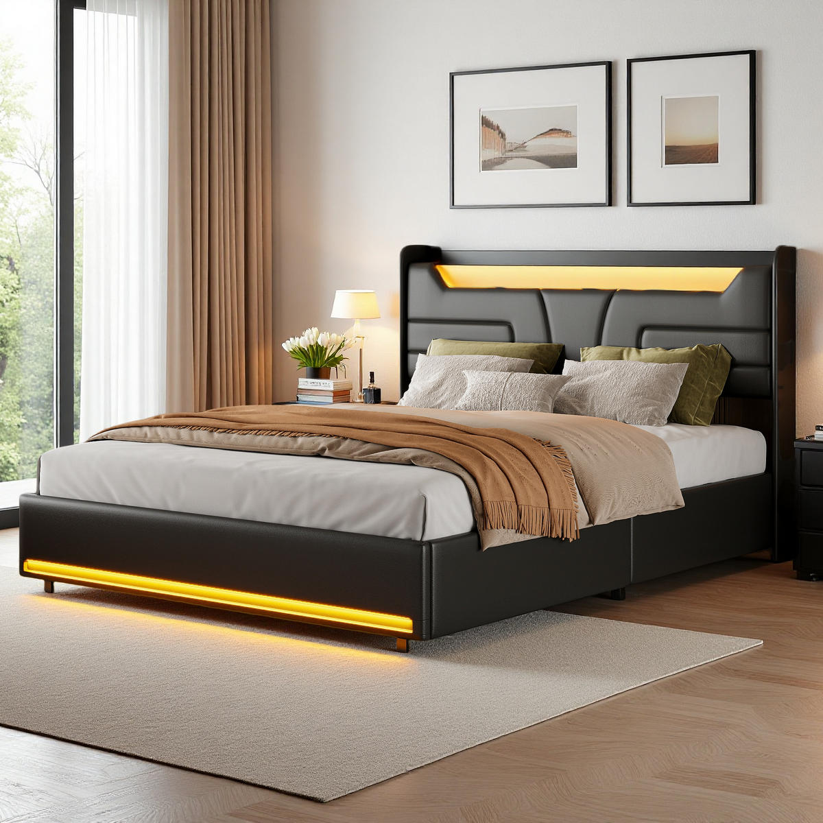 POLSTERBETT 140x200 cm Schwarz PU LED USB Bettkasten - Schwarz, Holz (140/200cm) - SHOPENTRA