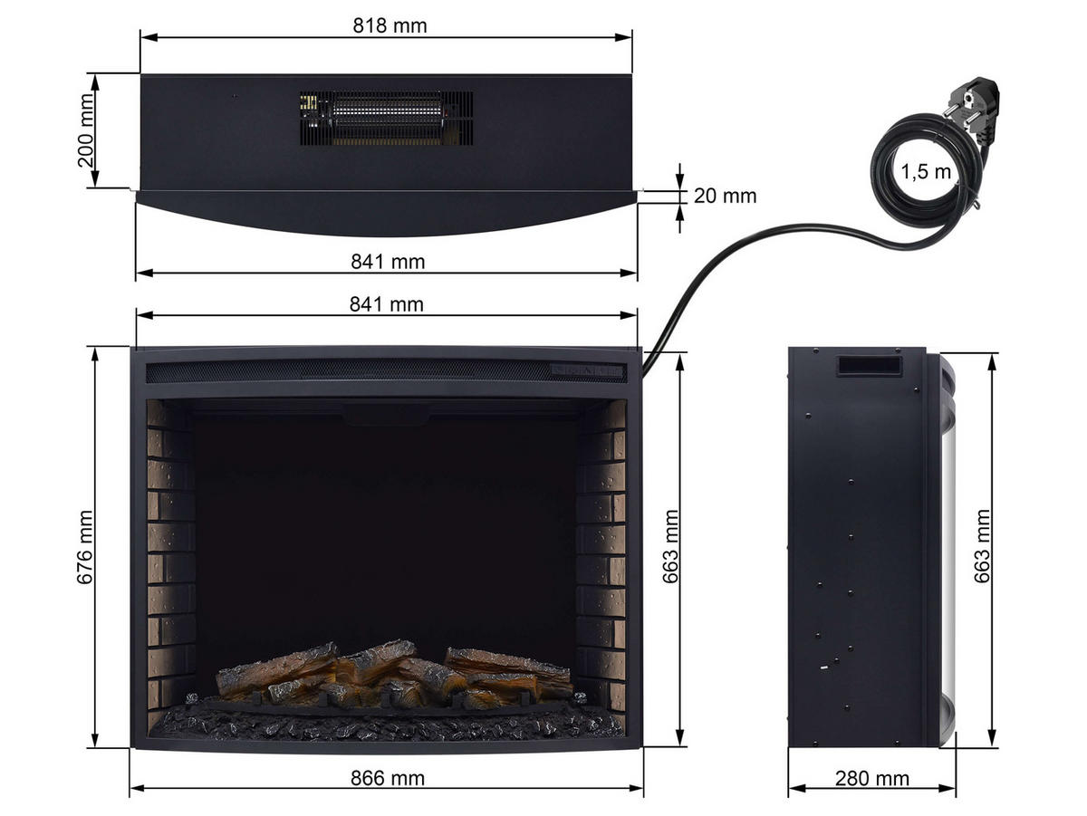 EINBAU-ELEKTROKAMINEINSATZ AF33 – gebogene Scheibe, Breite ≈ 85 cm, 3D-Flammeneffekt, LED-Bleuchtung, Heizfunktion - Schwarz, Glas/Metall (86.6/67.6/86.6cm) - ArtiFlame