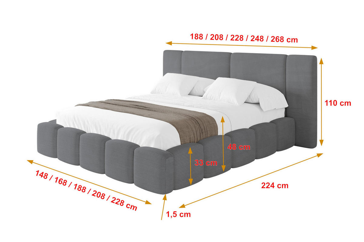 POLSTERBETT mit Bettkasten und Lattenrost, Bett mit Matratze H3/H4 - NILO 140x200 Dunkelgrau - Graphitfarben, Holzwerkstoff/Textil (140/200cm) - ALTDECOR